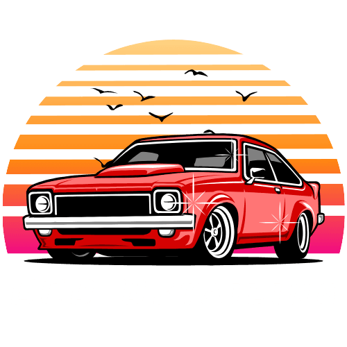 ECD DETAILING professional mobile car detailing service logo featuring retro muscle car with sunset gradient background and white text
